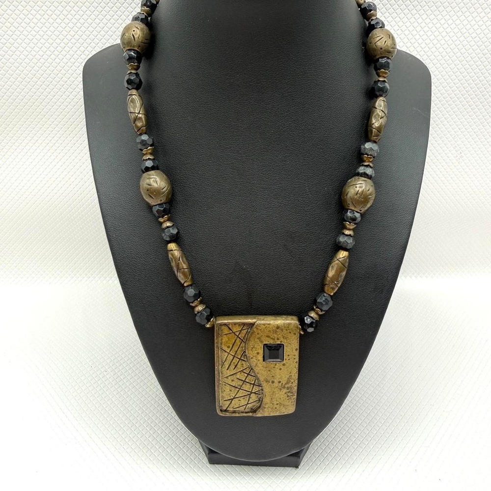 Vintage Chico's Sculptural Brass Square Pendant‎ Necklace w/ Beaded Details